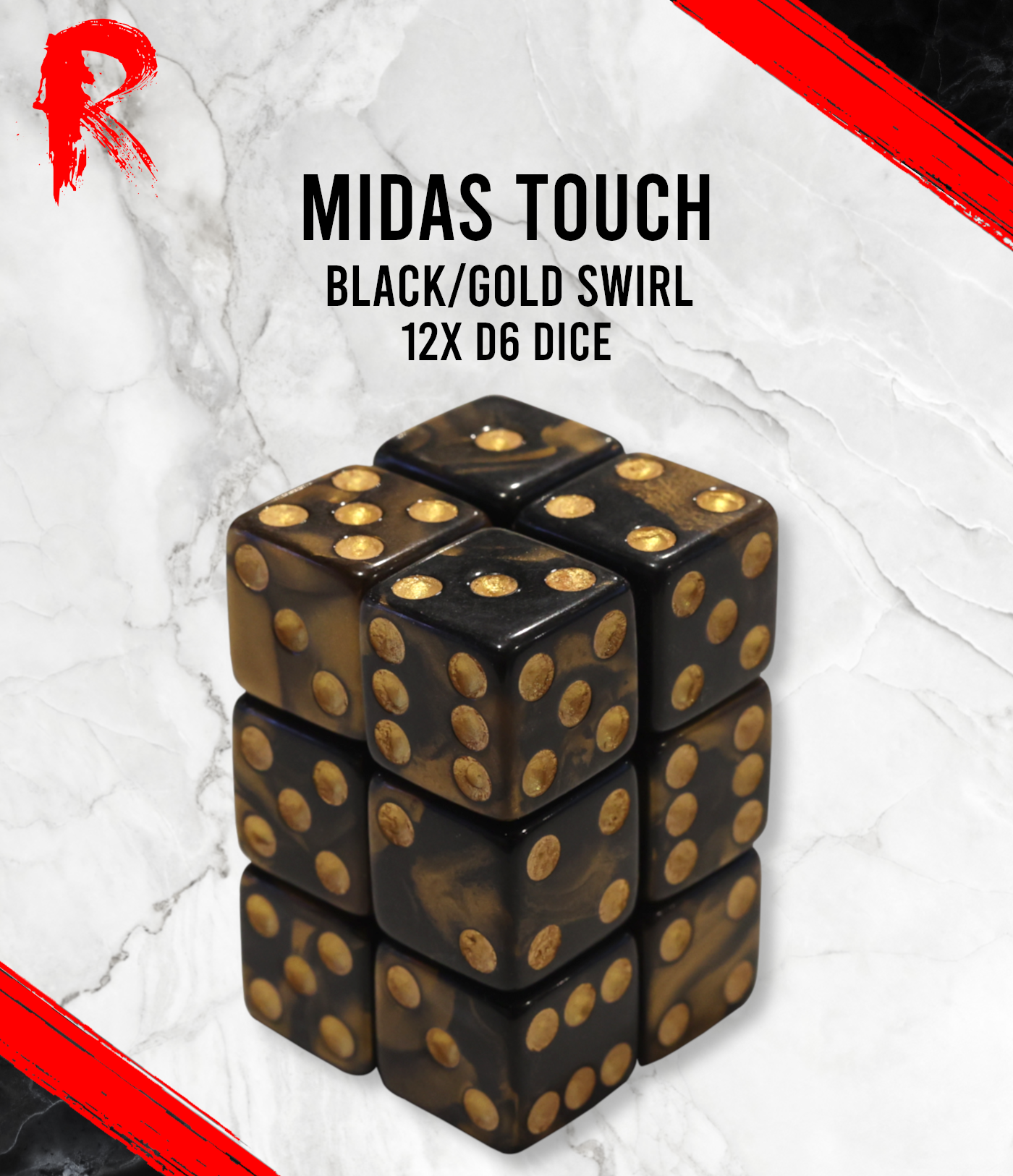 Midas Touch - Black/Gold Swirl 12 x d6 Dice Block - Ronin Games Dice