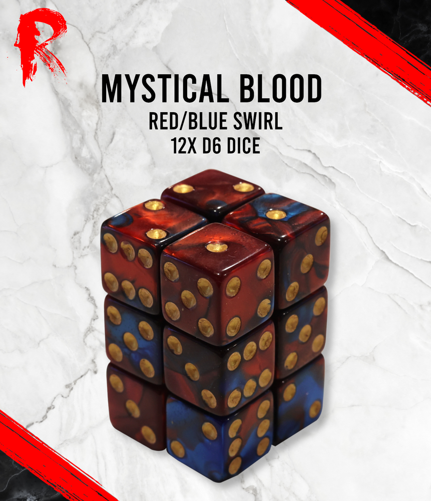 Mystical Blood - Red/Blue Swirl 12 x d6 Dice Block - Ronin Games Dice