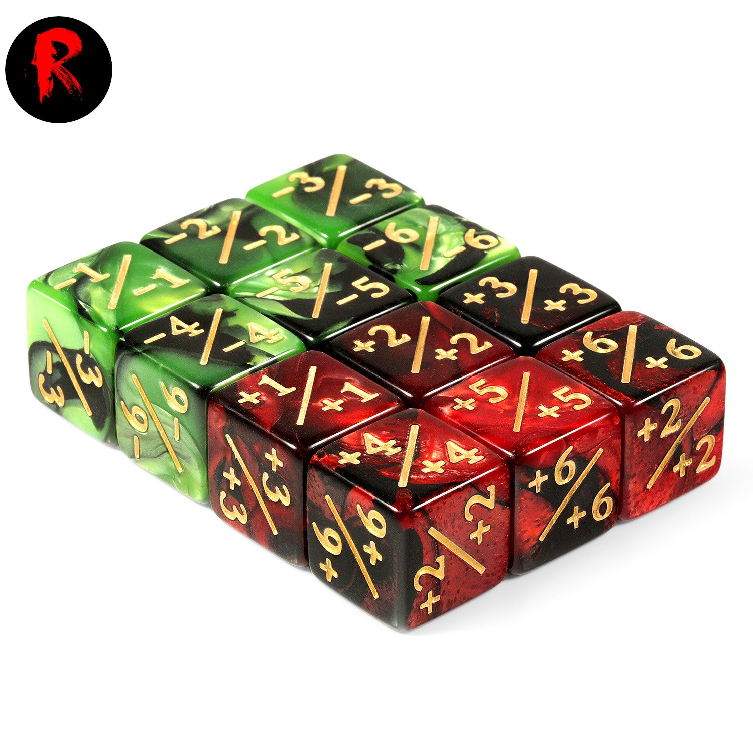 Dice Counters +1+/1 - Set of 12 Dice - Red & Green / Black - Ronin Games Dice PM005