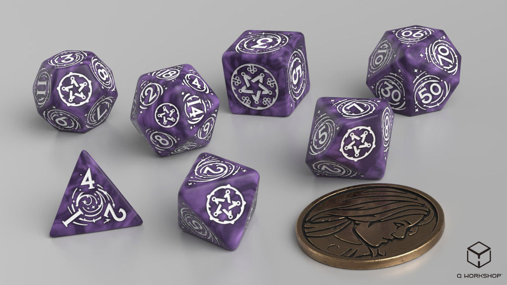 Q Workshop The Witcher Dice Set Yennefer - Lilac And Gooseberries Dice Set 7 With Coin
