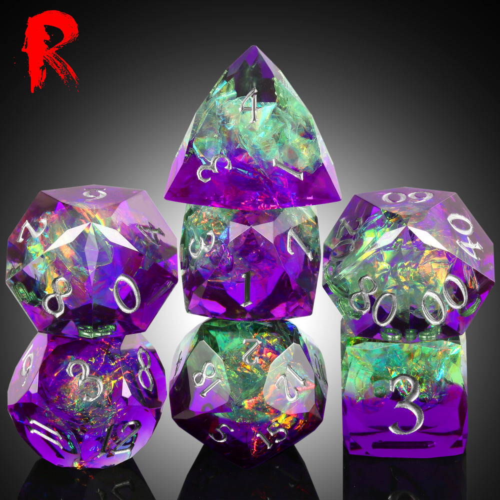 Diamond Cut Purple Sparkle Resin Dice - 7-Dice Set - Ronin Games Dice RS-011