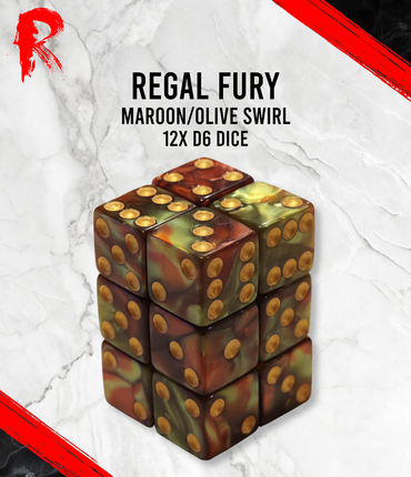 Regal Fury - Maroon/Olive Swirl 12 x d6 Dice Block - Ronin Games Dice