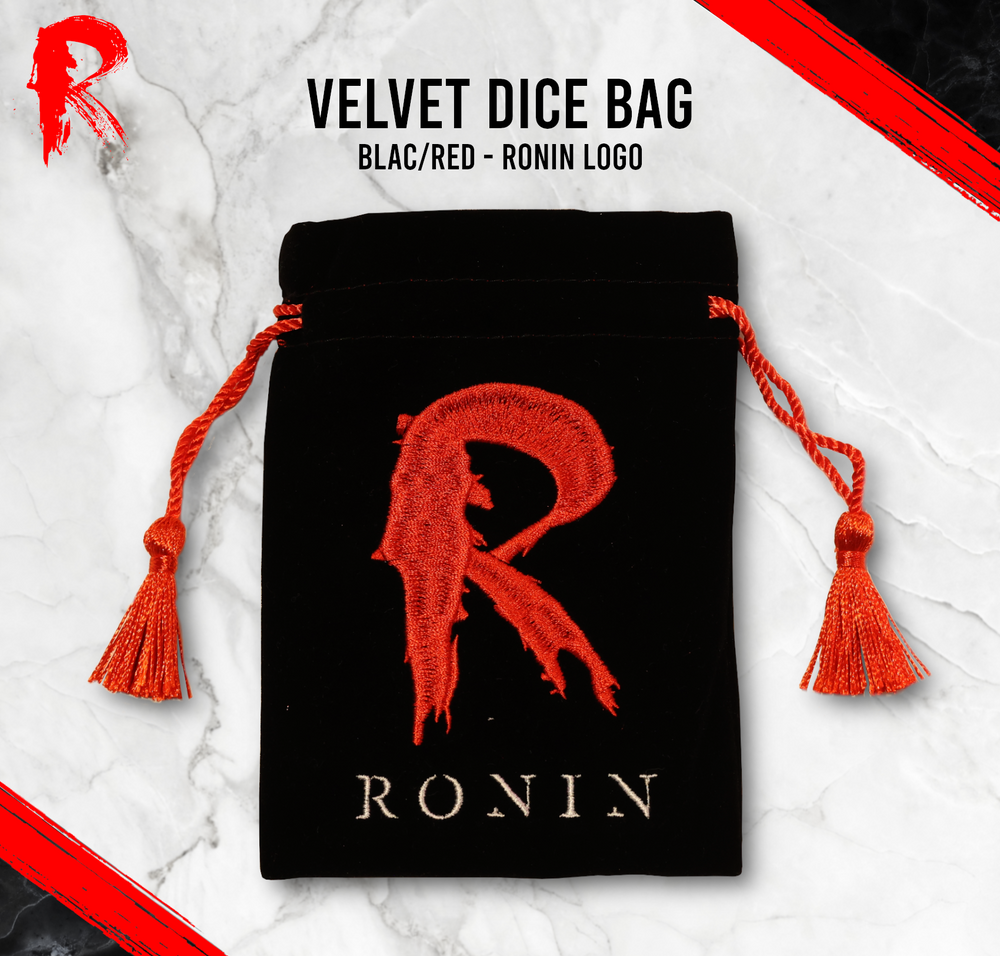 Black and Red Velvet Dice Bag - Ronin Logo - Black and Red - 15x10cm