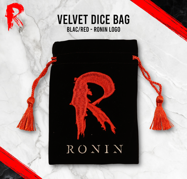 Black and Red Velvet Dice Bag - Ronin Logo - Black and Red - 15x10cm