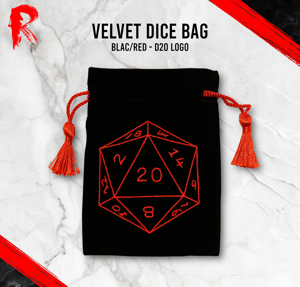 Black and Red Velvet Dice Bag - D20 - Black and Red - 15x10cm