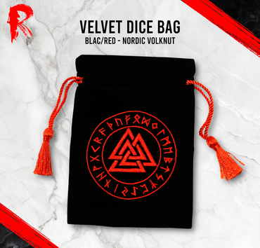 Black and Red Velvet Dice Bag - Nordic Volknut - Black and Red - 15x10cm