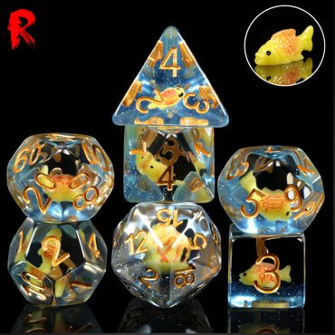 Fin & Fortune - Transparent Blue Resin Dice with Fish - Ronin Games Dice SA014