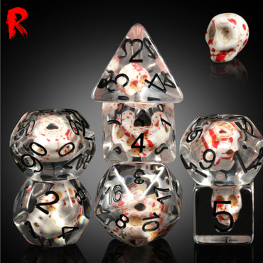 Lord of Battle - Clear Resin Dice with Skull and Bloodspatter - Ronin Games Dice SA022
