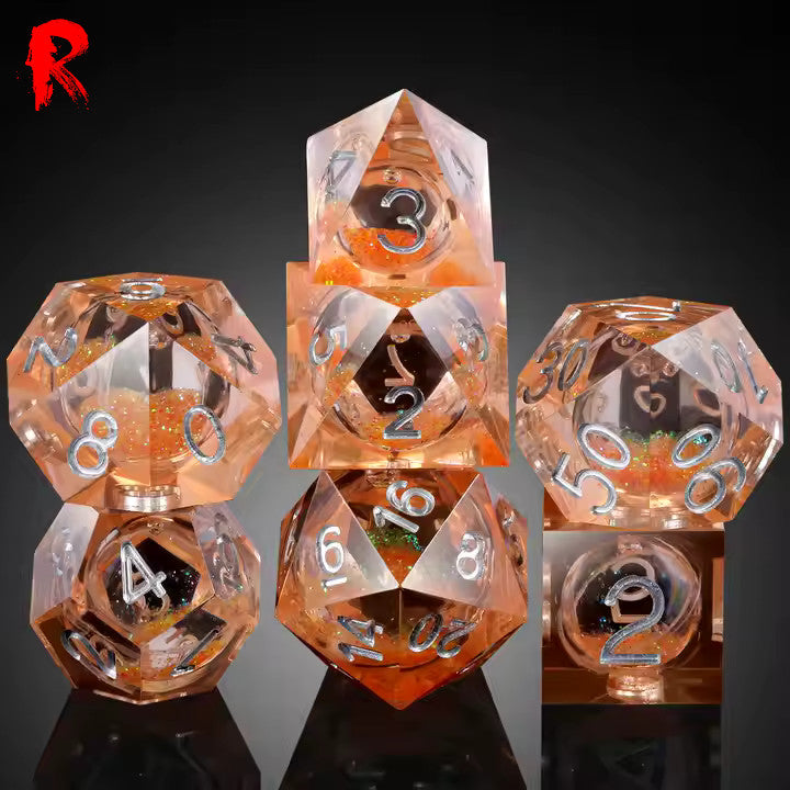 Temporal Mystery - Orange Resin Liquid Core Constellation 7-Dice RPG Set - Ronin Games Dice