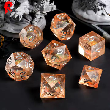 Temporal Mystery - Orange Resin Liquid Core Constellation 7-Dice RPG Set - Ronin Games Dice