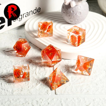 Sharp Edge Orange Flower Resin Dice - RPG 7-Dice Set - Ronin Games Dice SD045