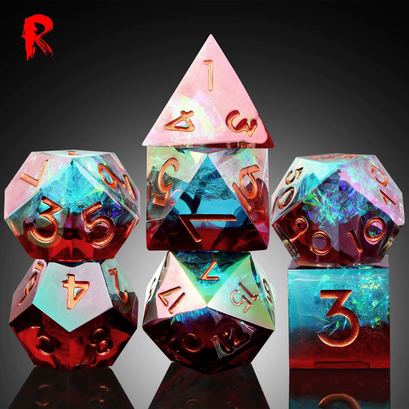 Shark Attack - Red and Blue Iridsescent 7-Dice RPG Set - Ronin Games Dice