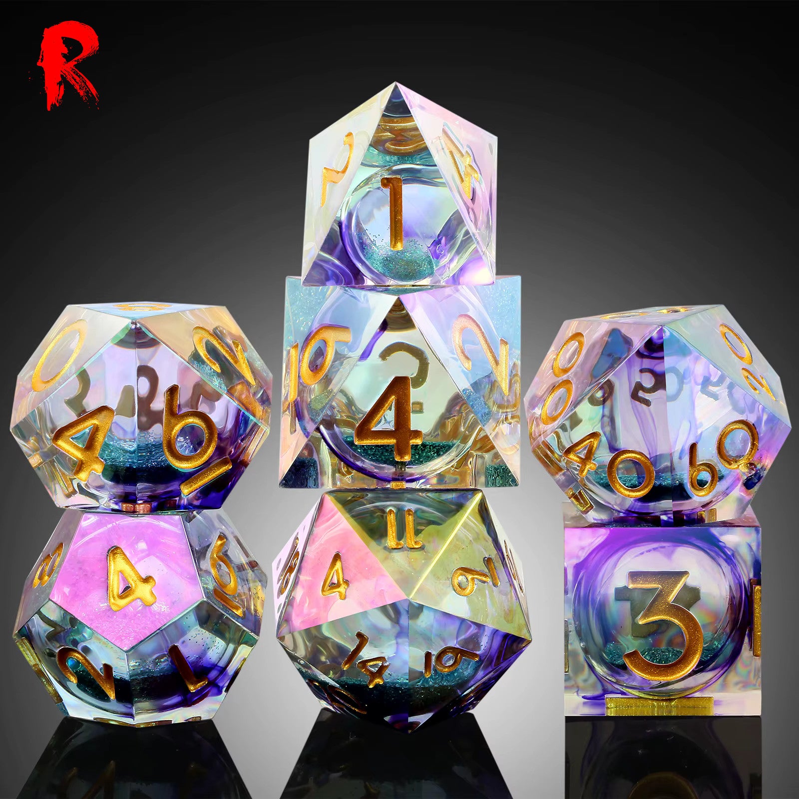 Vibrant Future - Rainbow Blue Liquid Core 7-Dice RPG Set - Ronin Games Dice