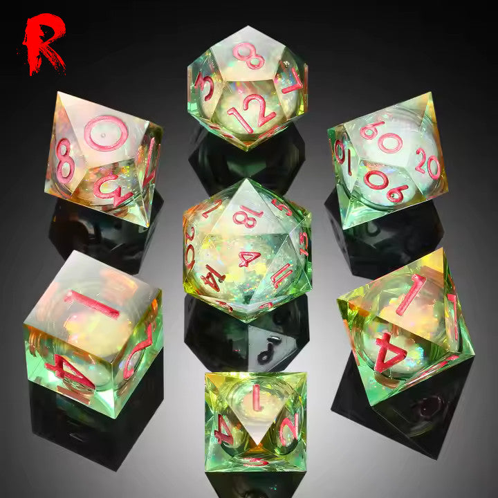 Autumn Rain - Green Resin Liquid Core Constellation 7-Dice RPG Set - Ronin Games Dice - SD076