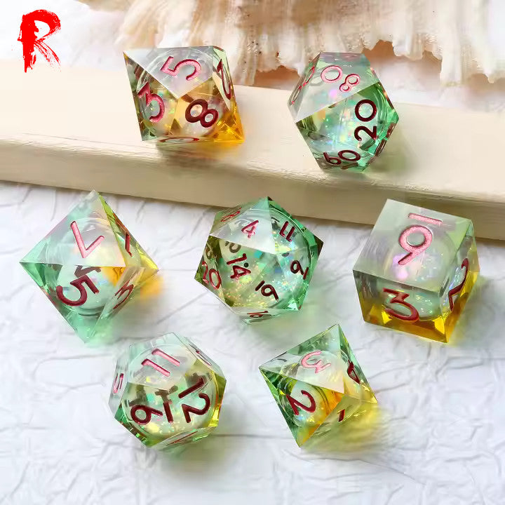 Autumn Rain - Green Resin Liquid Core Constellation 7-Dice RPG Set - Ronin Games Dice - SD076