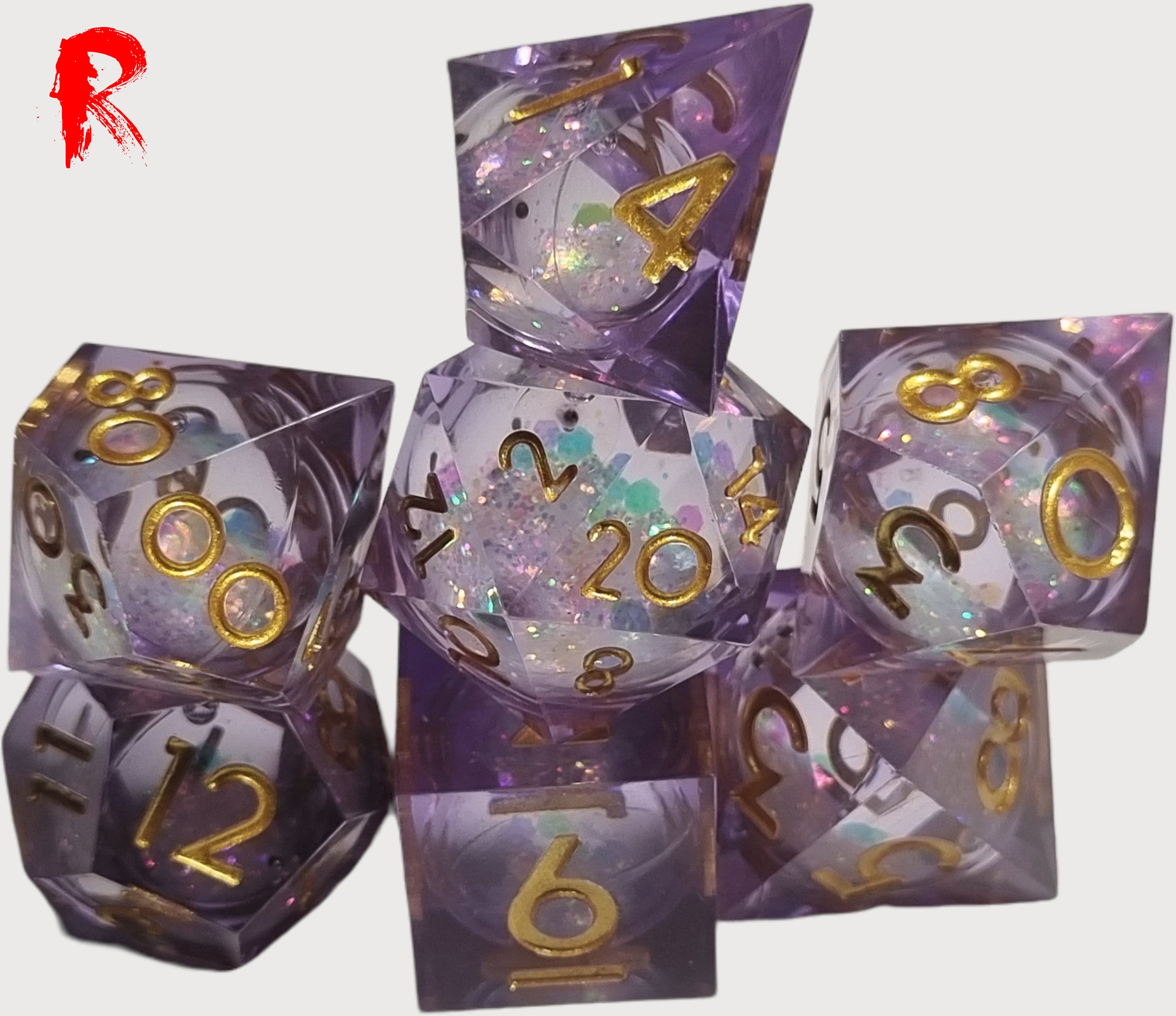 Seelie Court - Sharp Edge Liquid Core Dice - Purple & Gold RPG Ronin Dice Set - SD069