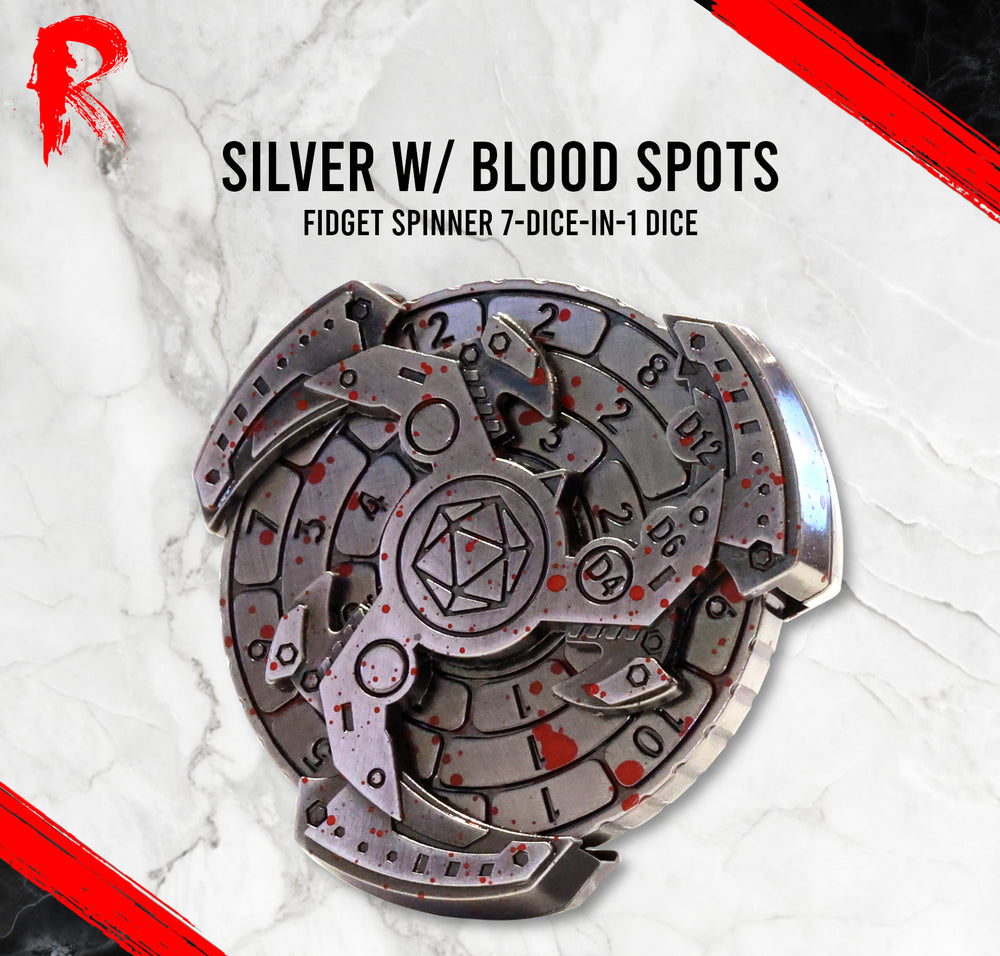 Fidget Spinner 7-Dice-in-1 - Silver with Blood Spots - Ronin Games Dice - DT007