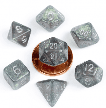 MDG 10mm Mini Polyhedral Dice Set - Stardust Gray with Silver Numbers