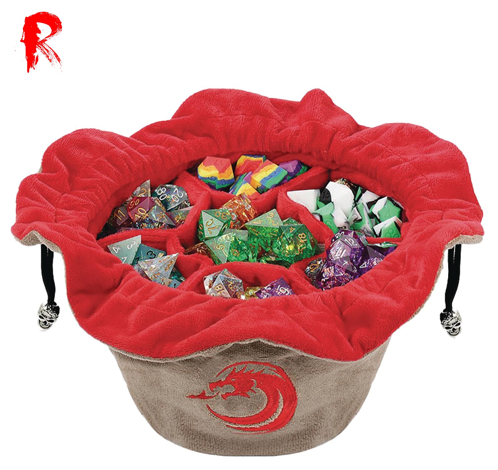 Multipocket Super Soft Dice Bag - Dragon - Khaki and Red - Ronin Games