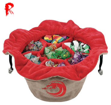Multipocket Super Soft Dice Bag - Dragon - Khaki and Red - Ronin Games
