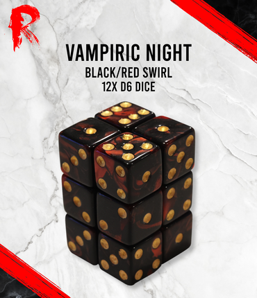 Vampiric Night - Black/Red Swirl 12 x d6 Dice Block - Ronin Games Dice