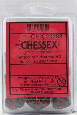 Chessex D10 Dice Translucent Smoke/Red Set of Ten d10s