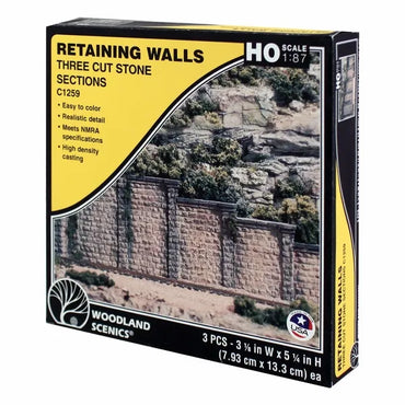 Woodland Scenics HO Scale 1:87 Retaining Wall Cut Stone 3EA