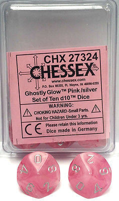 Chessex D10 Dice Ghostly Glow Pink/silver Set of Ten d10s