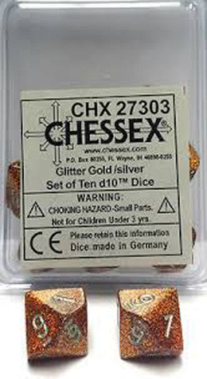 D10 Tens Dice Glitter Gold/Silver (10 Dice in Display)