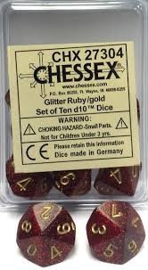 Chessex D10 Dice Glitter Ruby/gold Set of Ten d10s