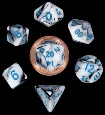 Loading... Zoom   41032 MDG 10mm Mini Polyhedral Dice Set: Marble w/ Blue Numbers