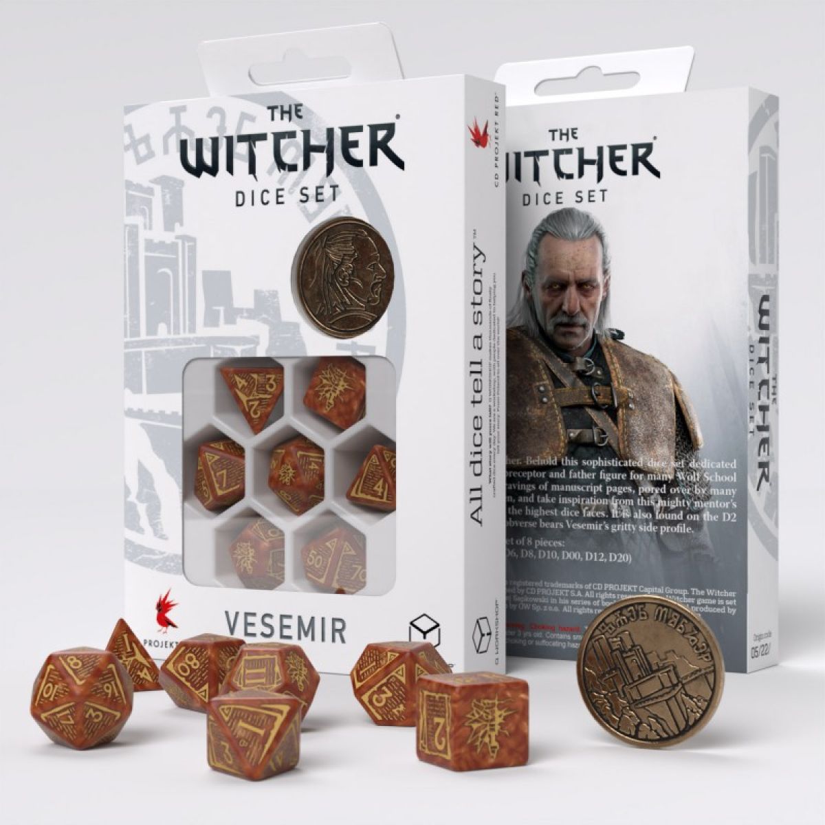Q Workshop The Witcher Dice Set Vesemir - The Wise Witcher Dice Set 7 With Coin