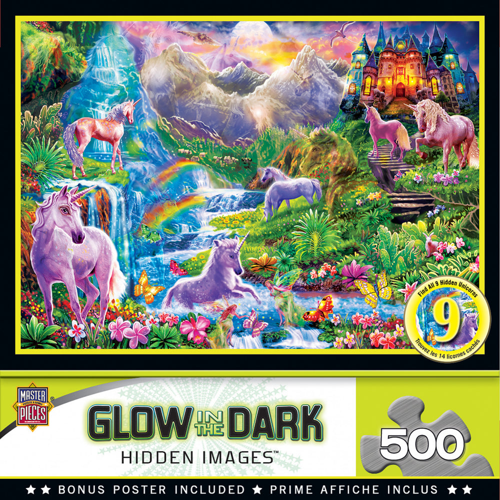 Masterpieces Puzzle Hidden Image Glow Unicorns Retreat Puzzle 500 pieces