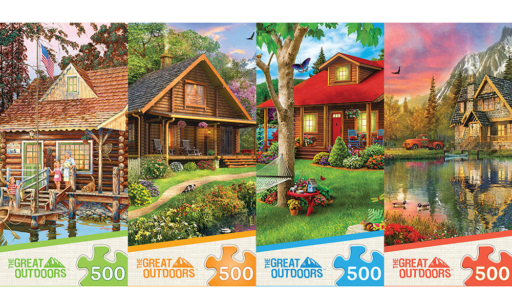 Masterpieces Puzzle 4 Pack Great Outdoors Puzzle 500 pieces (Grandpas Cabin, Welcome to the Lake, Mountain Retreat, Breath of Fresh Air) (4 in the Assortment)