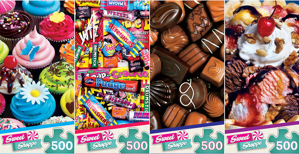 Masterpieces Puzzle 4 Pack Sweet Shoppe Puzzle 500 pieces (Cupcake Delight, Candy Crush, Chocolate Indulgence, Banana Split) (4 in the Assortment)