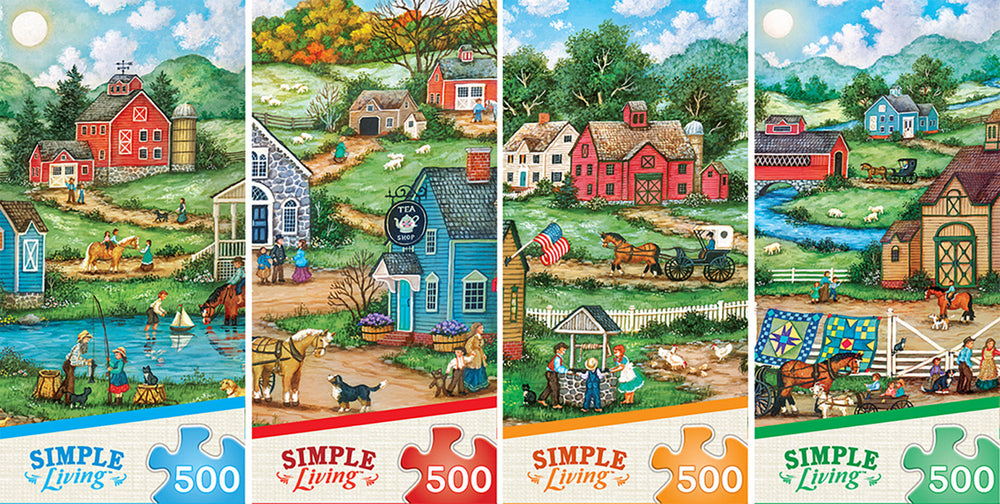Masterpieces Puzzle 4 Pack Simple Living Puzzle 500 pieces (Fishing with Grandpa, Road Block, Making a Wish, Hopes Quilts) (4 in the Assortment)