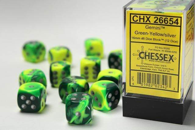Chessex Gemini 12mm d6 Green Yellow/Silver Block (36) CHX 26854
