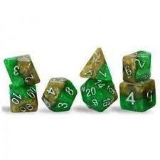 Halfsies Dice - Robin Hood Green & Yellow Dice 7 Dice Polyhedral Set