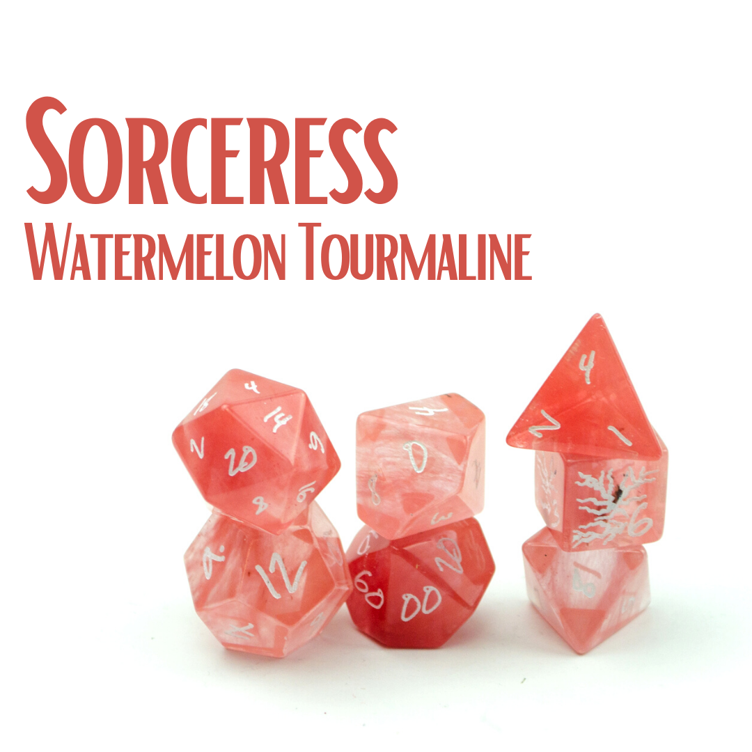Sorceress Watermelon Tourmaline RPG Dice Set - Level Up Dice