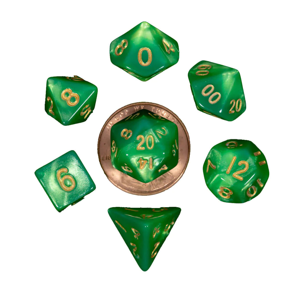 MDG 10mm Mini Polyhedral Dice Set - Green/Light Green with Gold Numbers