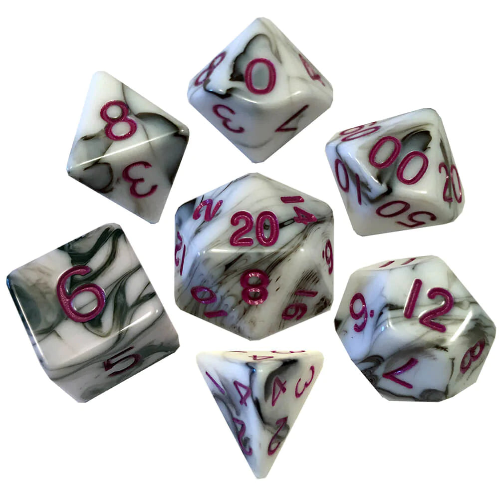 Mini Polyhedral Dice Set: Marble with purple Numbers