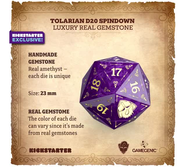 Tolarian D20 Spindown Luxury Real Gemstone - Tolarian Academic Kickstarter