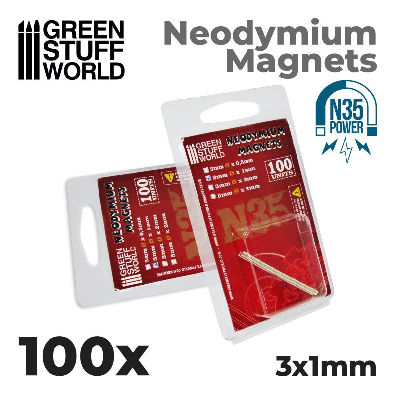 Neodymium Magnets 3x1mm - 100 units (N35) - Green Stuff World